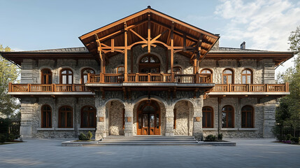 Fototapeta premium Luxury Alpine Stone Chalet with Valley Views, Traditional Kitzbühel Mountain Estate with Carved Beams