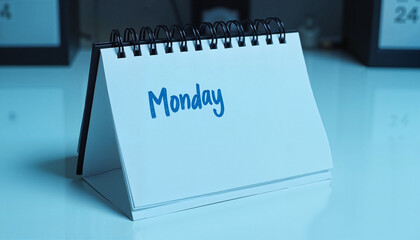 Desk calendar displaying the word "Monday" in blue ink on a modern background, blue monday concept