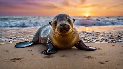 Sunset Seal Pup on Sandy Beach  Ocean Waves