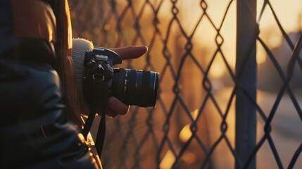 Person holding a camera by a chain link fence during sunset in an urban setting