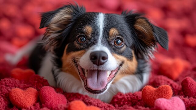 Adorable cachorro rodeado de corazones, tierno y gracioso.