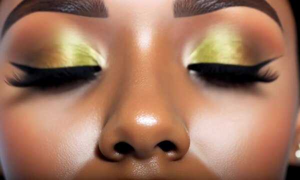 Eyelash extension procedure in a beauty salon, close-up. Beautiful green eyes of a woman with long eyelashes.