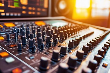 Fototapeta premium Close-up of a mixing console in a recording studio, a music production concept. 