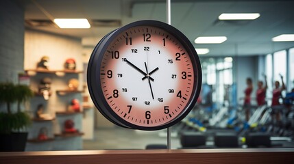 A photo of a fitness-themed wall clock in a gym.
