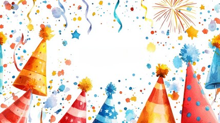 A festive border featuring colorful party hats, confetti, and streamers, perfect for celebration invitations or decorations.