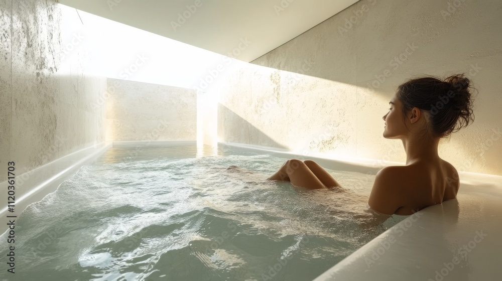 Poster A person enjoys a peaceful moment in a modern spa, soaking in warm water while soft light filters through the space. The atmosphere is calm and rejuvenating.