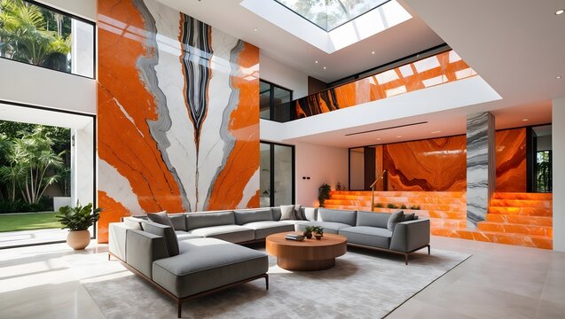 A modern luxurious living room with Orange and marble color epoxy resin wall panels