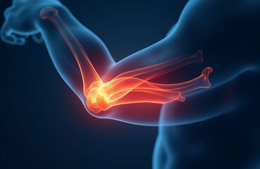 Pain in the elbow, highlighting conditions like elbow fractures, dislocations, tendinitis, and bursitis, emphasizing the anatomical areas affected