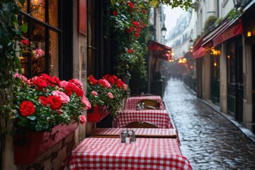 Naklejka premium Charming outdoor dining experience paris street flower-adorned tables rainy day cozy atmosphere european charm
