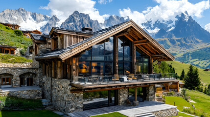 Hillside Alpine Chalet with Glacier Views, Modern Verbier Mountain Estate with Glass Atrium