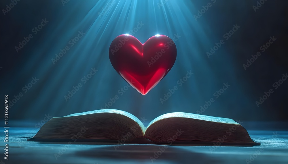 Poster A Vibrant Red Heart Floating Above an Open Book Under Soft Blue Light with Rays of Light Creating a Magical Atmosphere for Love and Knowledge Themes