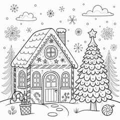 Charming Winter Cottage Coloring Page Perfect for Holiday Crafts and Decorations