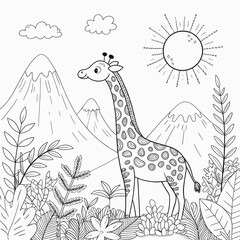 Hand-drawn Giraffe in Nature with Mountains and Sun