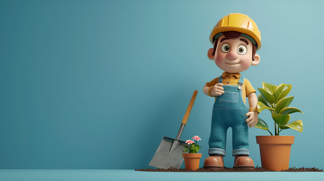 Cheerful gardner boy with plants and tools in a playful garden scene