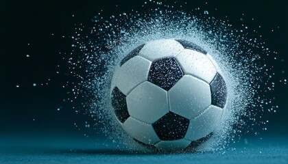 Naklejka premium A soccer ball strikes the ground, creating a dramatic explosion of water around it
