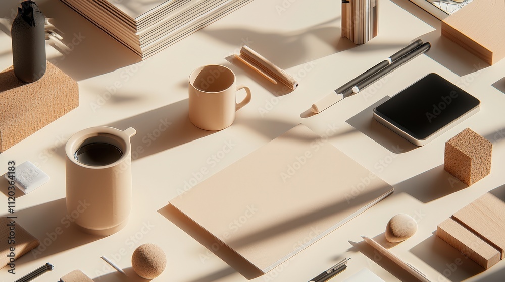 Poster Minimal desktop scene, featuring neutral tones and scattered objects