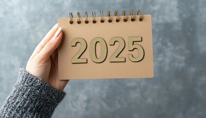 A hand holds a calendar displaying the year 2025 against a modern background
