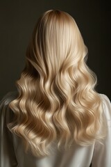 Naklejka premium Beautifully styled blonde girl showcasing lush curls in a dark olive setting, dressed in a white blouse with elegant detailing