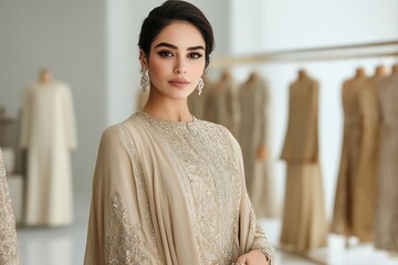 Elegant woman in designer abaya shopping in a luxury boutique in Dubai surrounded by exquisite garments and a minimalist design aesthetic