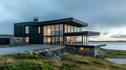 Obraz premium Seaside Nordic Home with Rocky Shore and Pine Trees, Modern Swedish Archipelago Estate