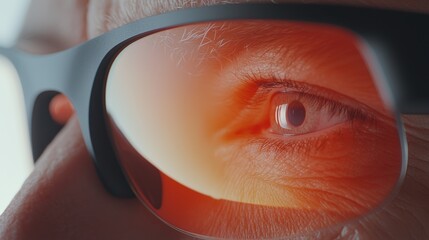 A close-up of a person's eye behind tinted glasses, showcasing a vibrant red reflection, emphasizing detail and color contrast.