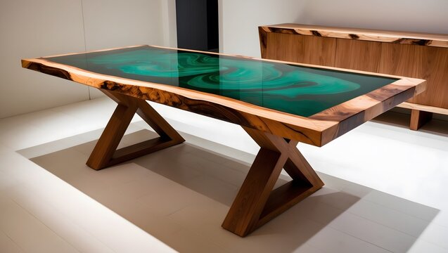 A wooden table with green epoxy resin and raw wood cabinet