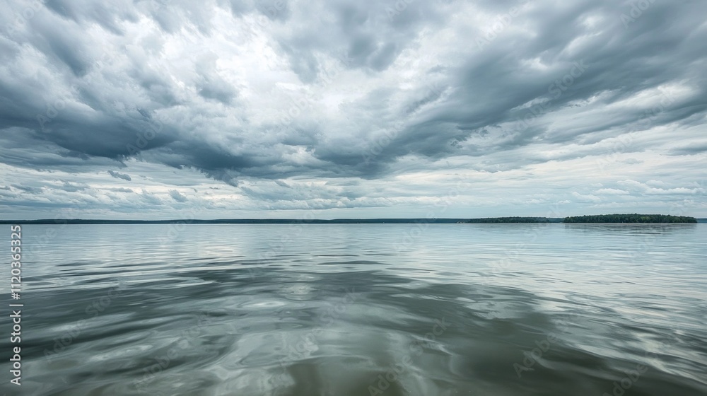 Poster gentle waves glide across a smooth ocean surface, mirroring an expansive sky filled with soft gray c