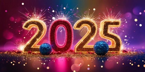 Happy New Year 2025 Celebration Banner. Festive New Year celebration. Golden light bokeh. Party design. Holiday card. Happy new year. Night event.