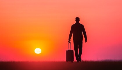 A traveler carries a suitcase while walking against a stunning sunset backdrop