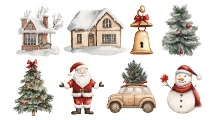Xmas set Christmas tree, Santa with gifts Festive wreath, candy canes, gingerbread. New year decorations and Winter holiday decor. Watercolor flat isolated vector illustration on white background