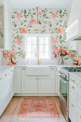 Bright and airy kitchen with cottagecore charm featuring floral wallpaper and elegant decor