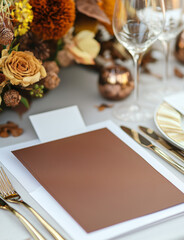 Fototapeta premium Create festive menu cards featuring autumnal decorations and appetizing dishes using Mocha Mousse