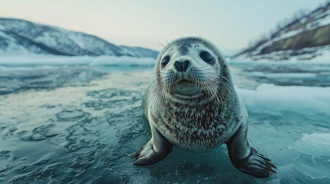 A playful baby Baikal seal explores the icy landscape of Lake Baikal. Its curious gaze captures the enchanting moment as evening light casts a serene glow over the frozen surface