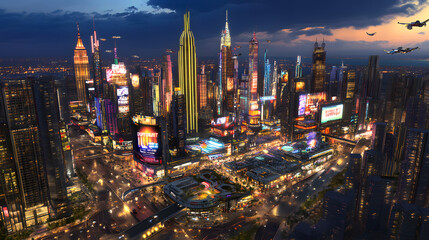 Obraz premium A lively futuristic downtown filled with vibrant neon signs, glowing towers, and flying cars under a dynamic evening sky..