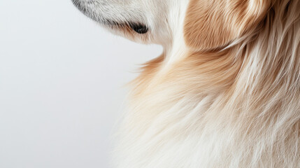 Close-Up Profile of a Golden Retriever Showcasing Its Fluffy Fur and Kind Expression Against a Soft Neutral Background