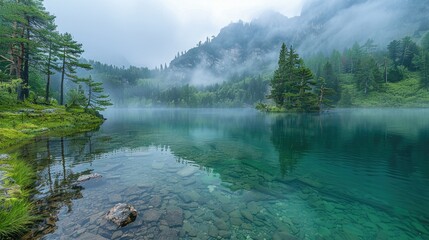Misty mountain lake with crystal clear water, reflecting trees and sky.
