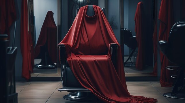 A photo of a hair salon chair with a draped cape