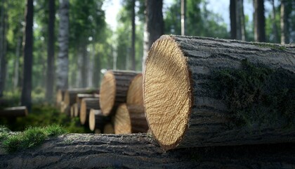 A serene forest scene featuring freshly cut logs, surrounded by trees, highlighting natural beauty and the logging industry.