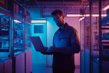 Fototapeta premium Innovative researcher working on a laptop in a high-tech lab at night. Generative AI
