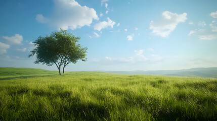 A lone tree stands on a lush green meadow under a warm, golden sunset, creating a serene and peaceful atmosphere..