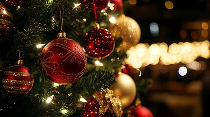Close-up of Christmas Tree Ornaments with Festive Lights