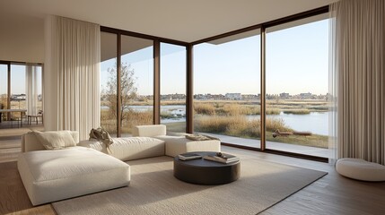 Modern Lakeside Living Room with Panoramic Views