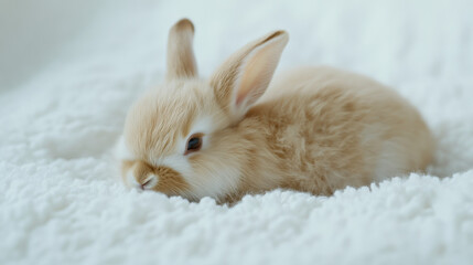 Adorable Young Bunny Resting Comfortably on Soft White Blanket, Capturing Innocent Charm and Peaceful Moments in Cute Animal Photography
