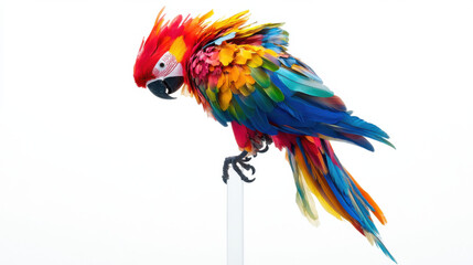 Fototapeta premium Vibrant Scarlet Macaw with Colorful Plumage on a White Background, Perfect for Nature and Wildlife Themes, Showcasing the Beauty of Exotic Birds in Photography