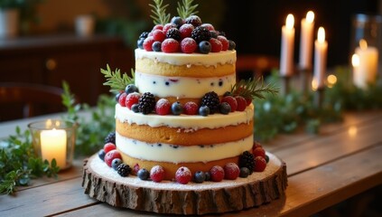 Naked Wedding Cake with Berries and Rustic Decor  