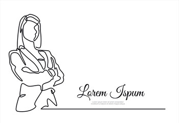 Continuous one line drawing of successful business woman with crossed arms, hand drawn style vector illustration	
