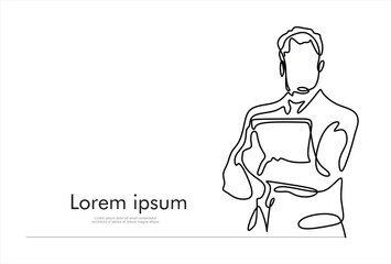 Businessman standing with a folder in his hands. Business concept. Continuous line drawing.