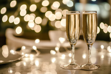 An intimate romantic setting with two champagne flutes placed on a table surrounded by fairy lights
