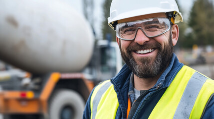 Fototapeta premium Happy Construction Worker Hard Hat Safety Glasses Job Site Smiling Construction Equip
