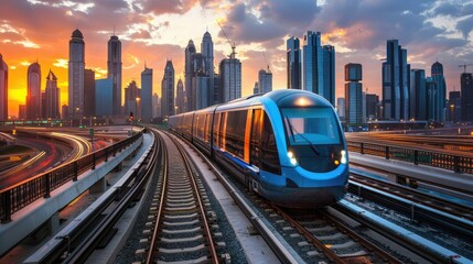 Modern train travels through a city at sunset.